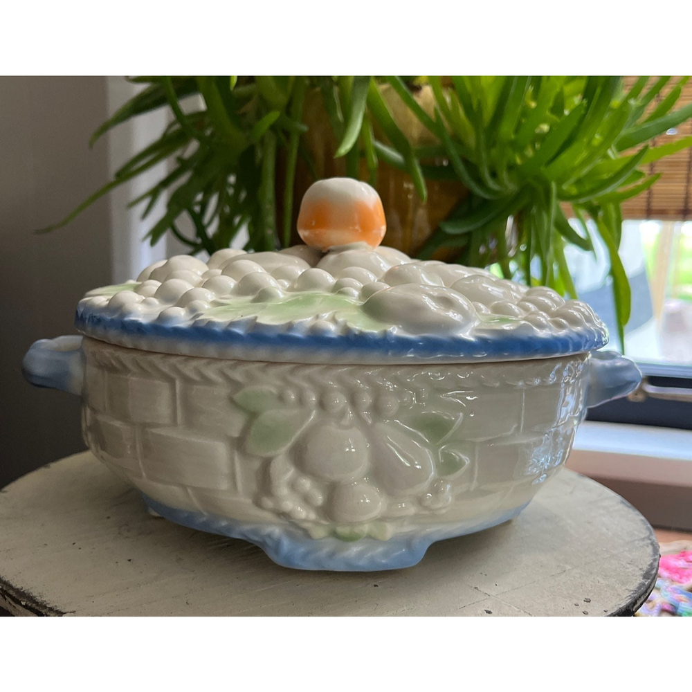 Vintage Czechoslovakian Handpainted Ceramic Lidded Bowl with Fruit Basket